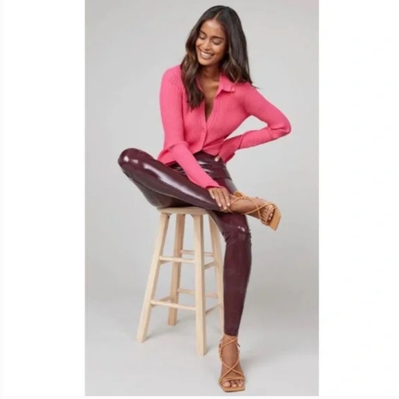SPANX Faux Patent Leather Ruby Burgundy Cabernet Leggings M - Picture 3 of 4